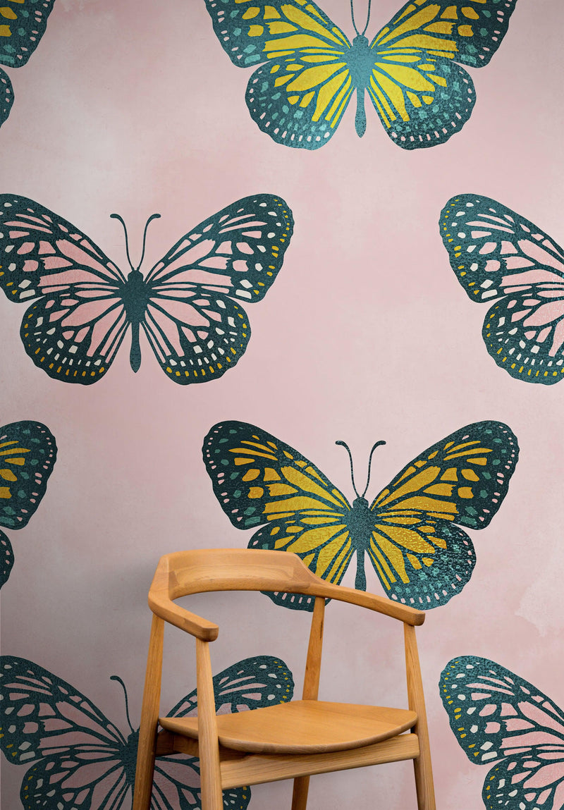 Large Butterfly Pattern on Pink Background Wall Mural. Bedroom, Nursery, Home Decor. Peel and Stick Wallpaper.