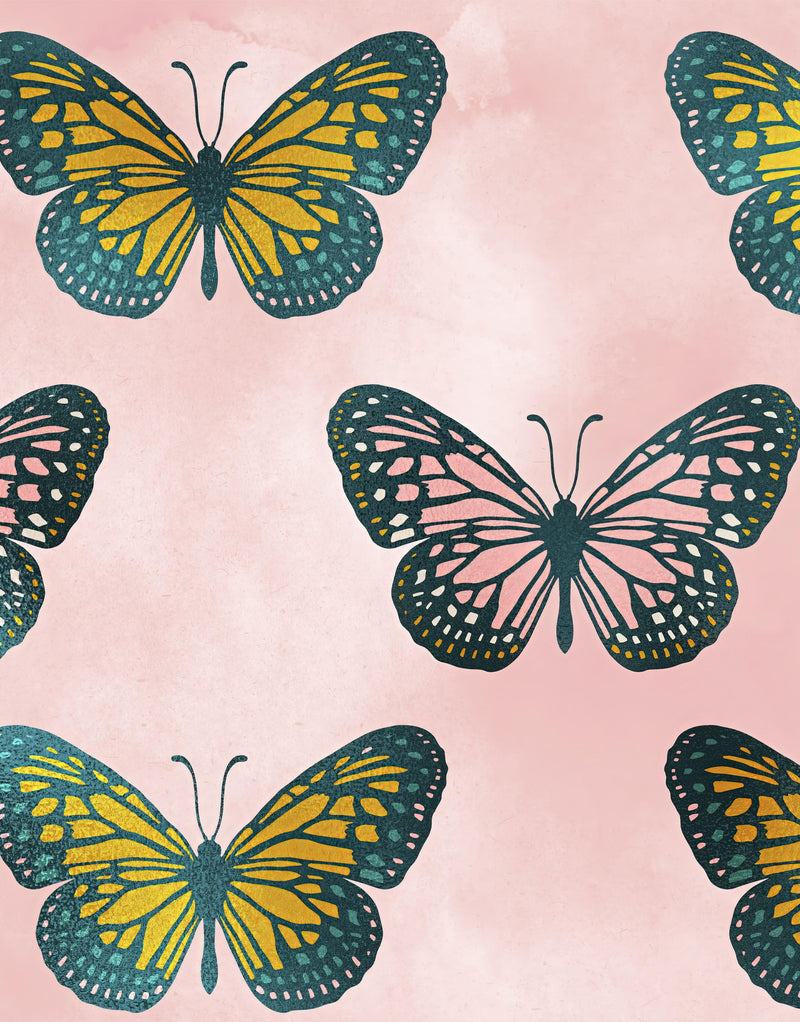 Large Butterfly Pattern on Pink Background Wall Mural. Bedroom, Nursery, Home Decor. Peel and Stick Wallpaper.