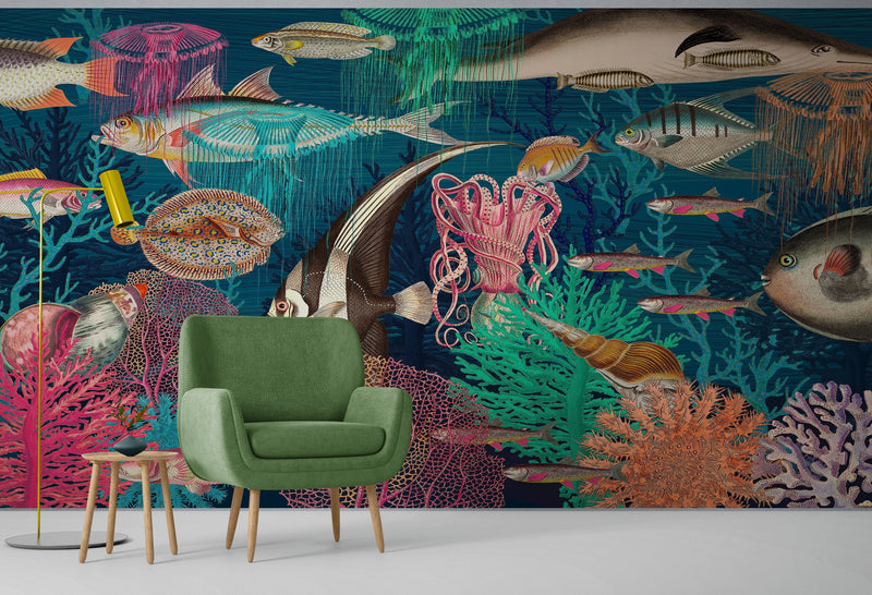 Vintage Retro Underwater Marine Sea Life Wall Mural. Beach / Nautical / Marine Life Theme Peel and Stick Wallpaper.