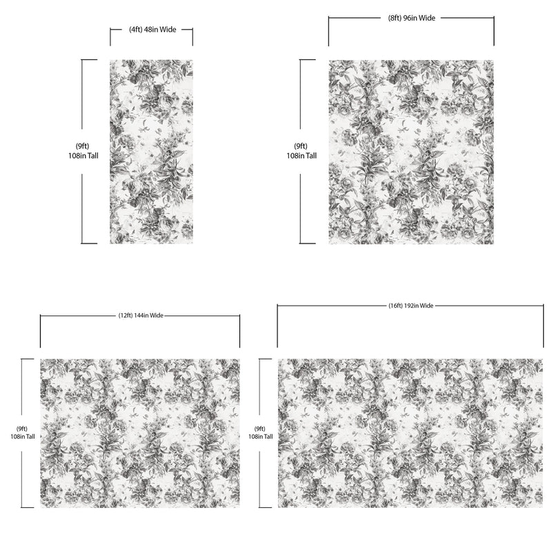 Vintage Flower Pattern Illustration Wall Mural. Black and White Peel and Stick Wallpaper.