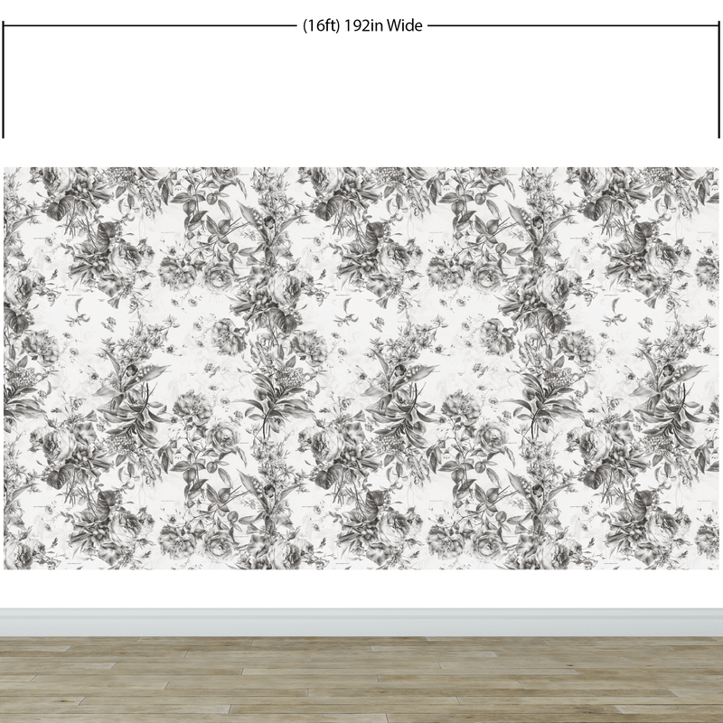 Vintage Flower Pattern Illustration Wall Mural. Black and White Peel and Stick Wallpaper.