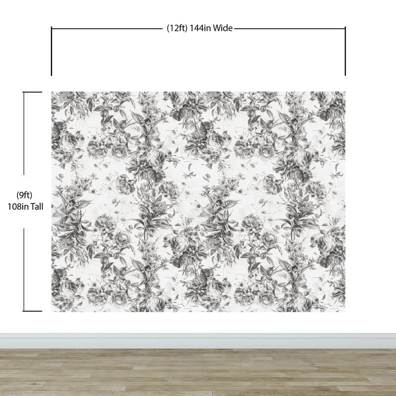 Vintage Flower Pattern Illustration Wall Mural. Black and White Peel and Stick Wallpaper.