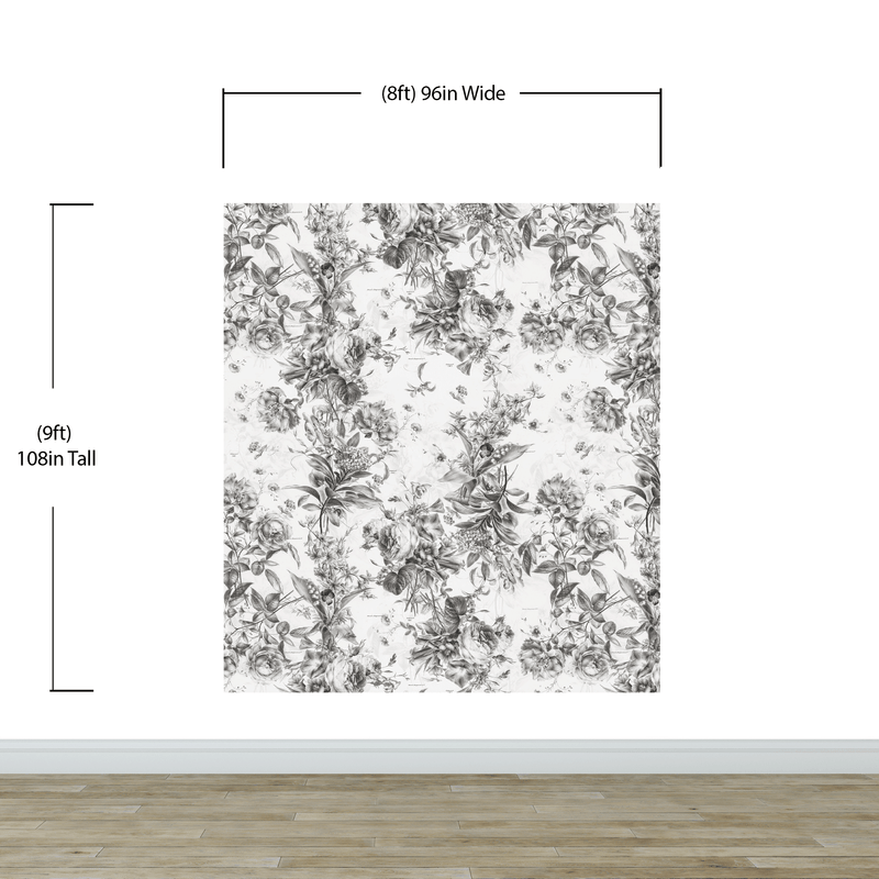 Vintage Flower Pattern Illustration Wall Mural. Black and White Peel and Stick Wallpaper.