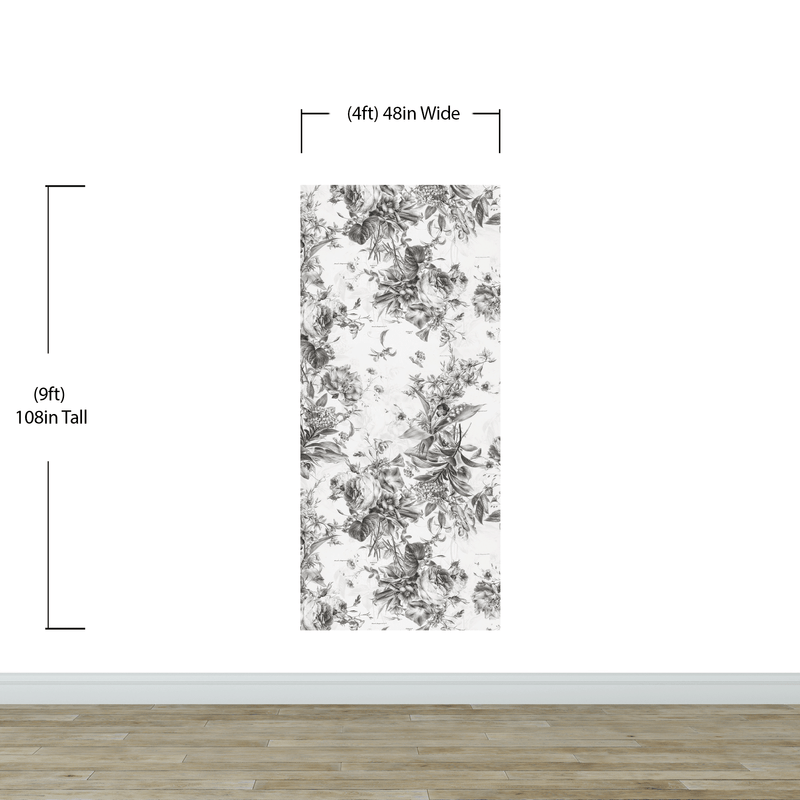 Vintage Flower Pattern Illustration Wall Mural. Black and White Peel and Stick Wallpaper.