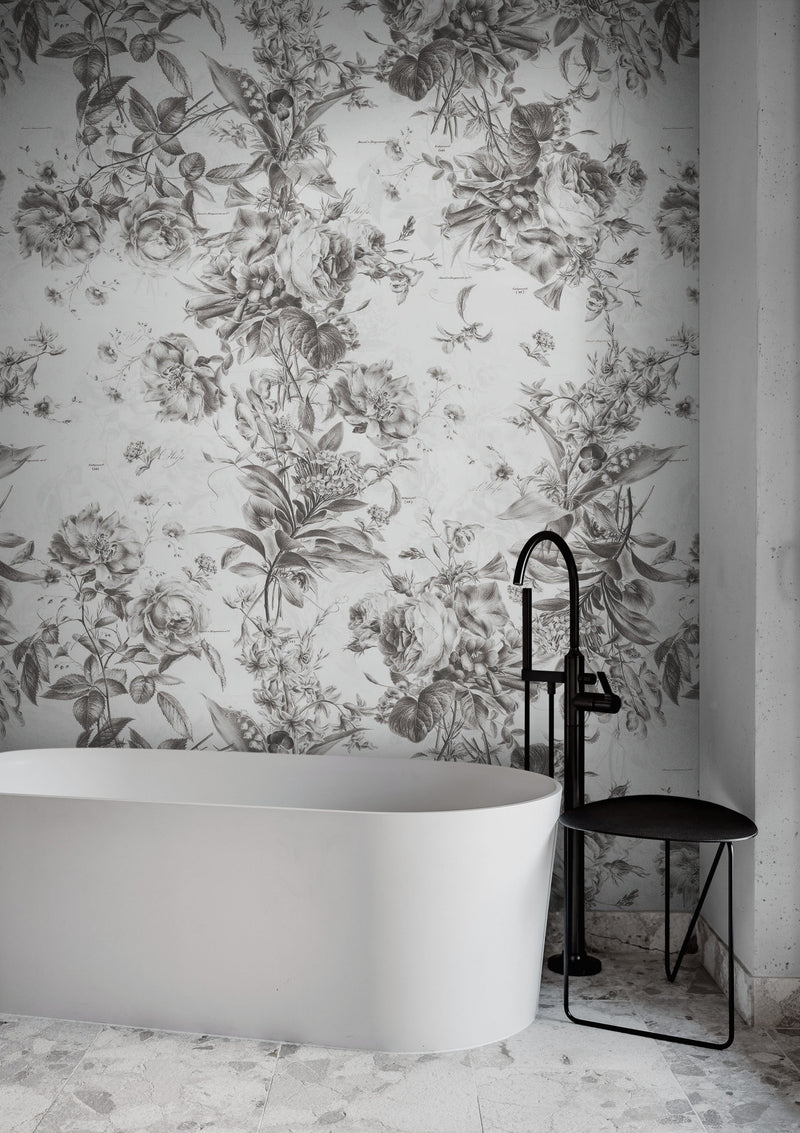 Vintage Flower Pattern Illustration Wall Mural. Black and White Peel and Stick Wallpaper.