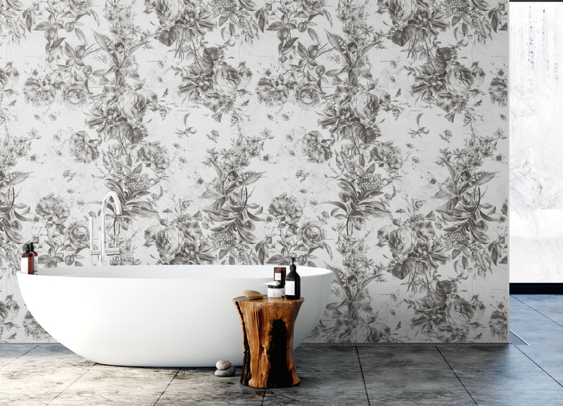 Vintage Flower Pattern Illustration Wall Mural. Black and White Peel and Stick Wallpaper.