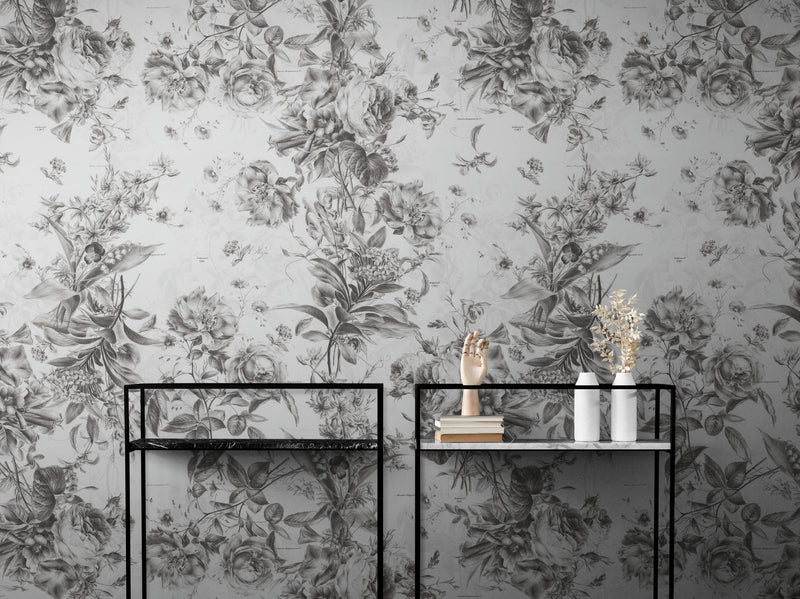 Vintage Flower Pattern Illustration Wall Mural. Black and White Peel and Stick Wallpaper.