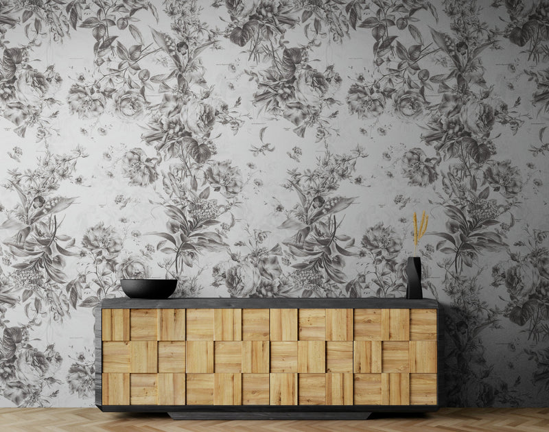 Vintage Flower Pattern Illustration Wall Mural. Black and White Peel and Stick Wallpaper.