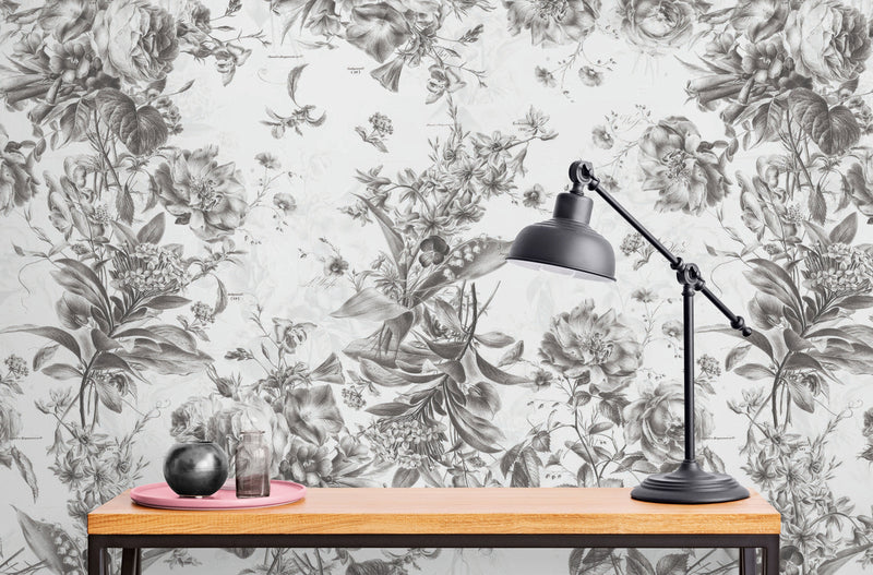 Vintage Flower Pattern Illustration Wall Mural. Black and White Peel and Stick Wallpaper.