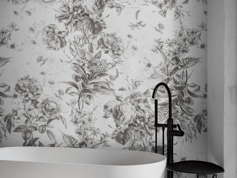 Vintage Flower Pattern Illustration Wall Mural. Black and White Peel and Stick Wallpaper.