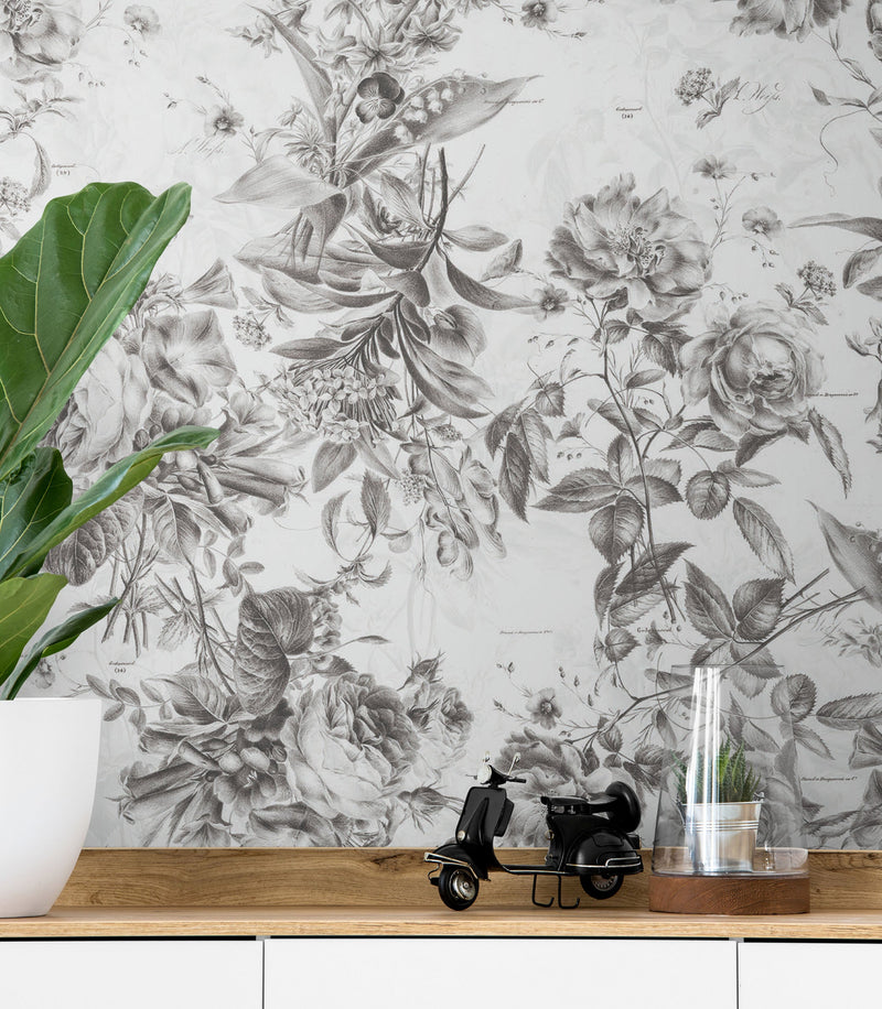 Vintage Flower Pattern Illustration Wall Mural. Black and White Peel and Stick Wallpaper.