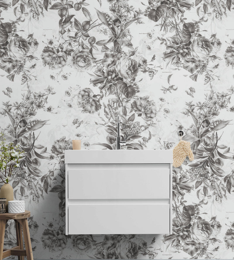 Vintage Flower Pattern Illustration Wall Mural. Black and White Peel and Stick Wallpaper.