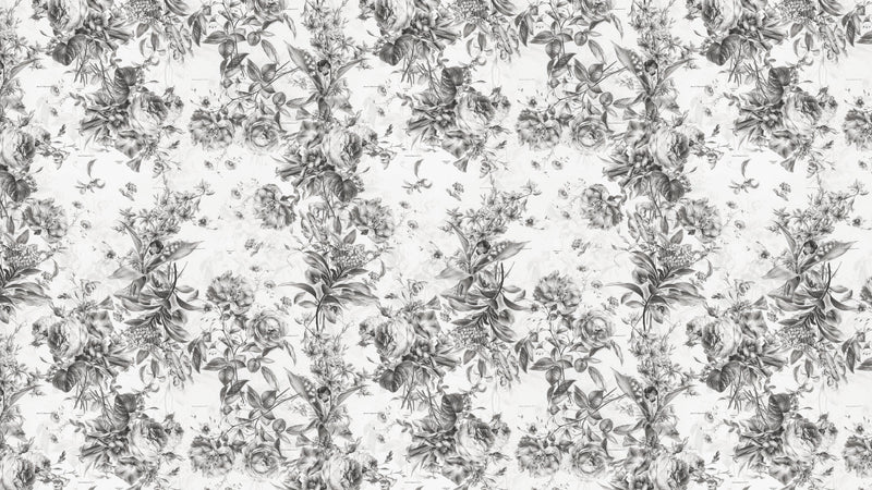 Vintage Flower Pattern Illustration Wall Mural. Black and White Peel and Stick Wallpaper.