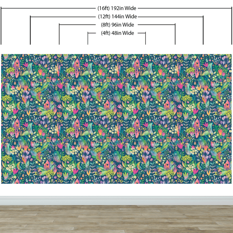 Colorful Flower Garden with Bird House Illustration Wall Mural.