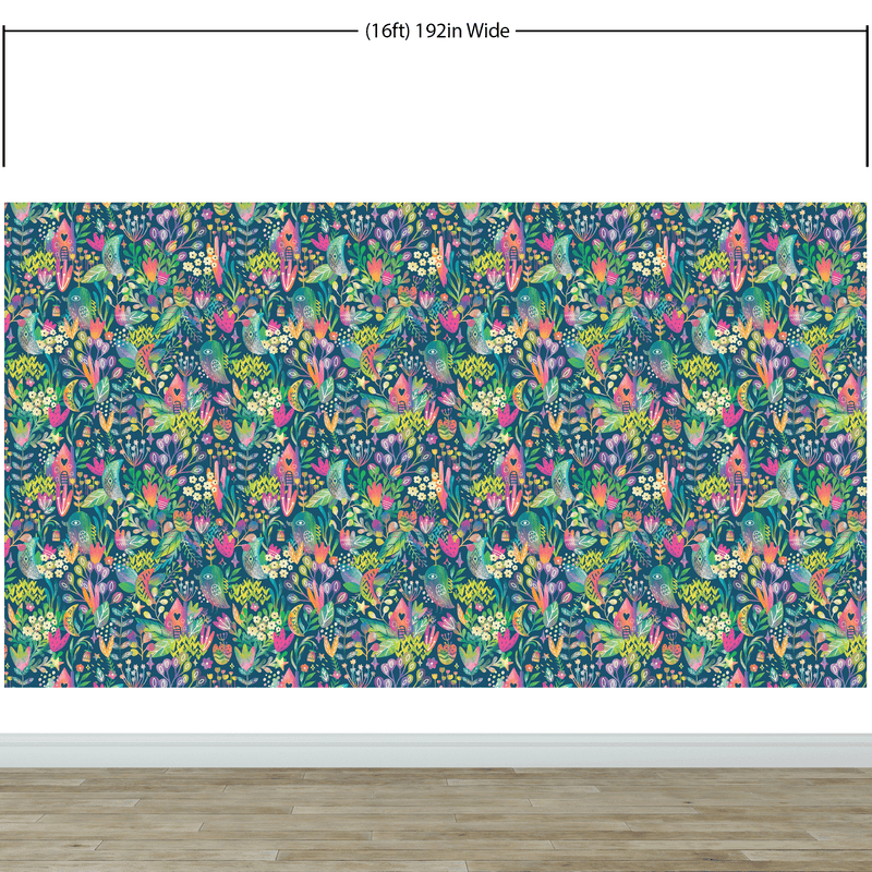 Colorful Flower Garden with Bird House Illustration Wall Mural.