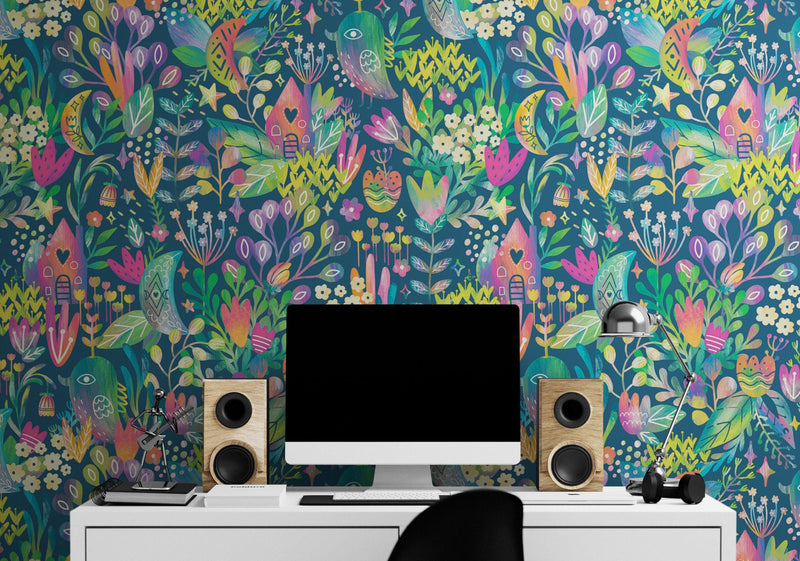 Colorful Flower Garden with Bird House Illustration Wall Mural.