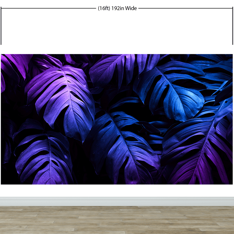 Tropical Wallpaper Blue and Purple Leaf Wall Mural on Dark Background