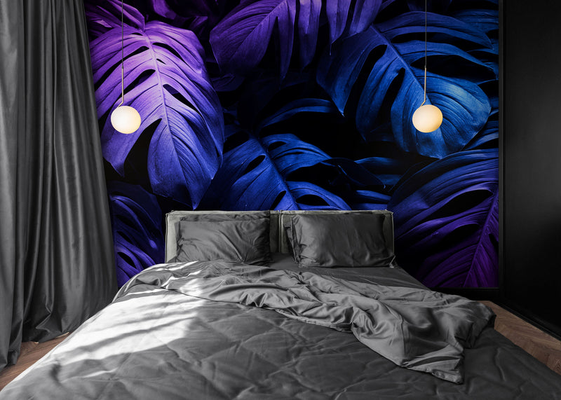 Tropical Wallpaper Blue and Purple Leaf Wall Mural on Dark Background