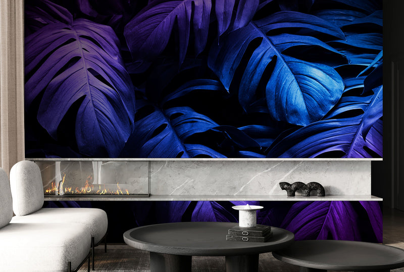 Tropical Wallpaper Blue and Purple Leaf Wall Mural on Dark Background