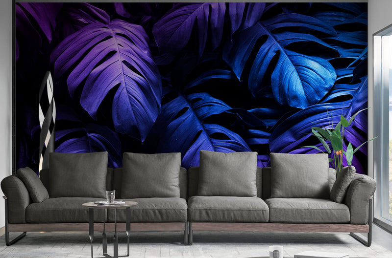 Tropical Wallpaper Blue and Purple Leaf Wall Mural on Dark Background