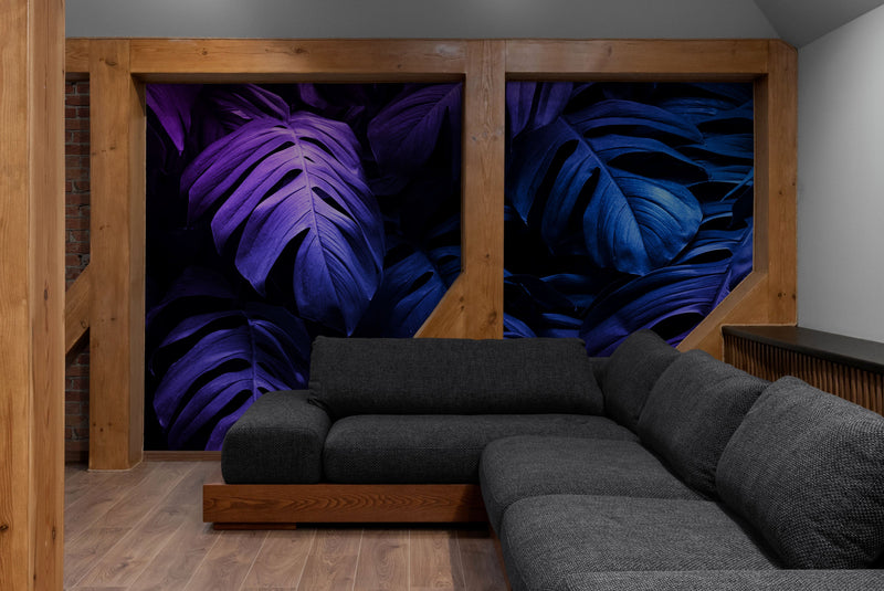 Tropical Wallpaper Blue and Purple Leaf Wall Mural on Dark Background