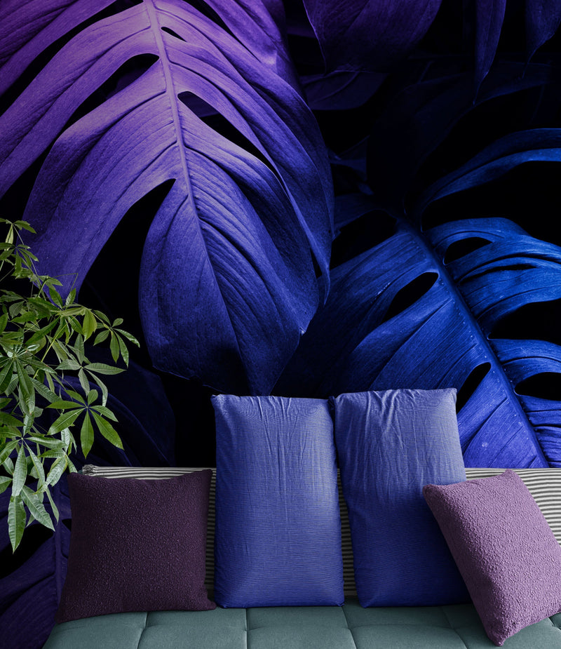 Tropical Wallpaper Blue and Purple Leaf Wall Mural on Dark Background