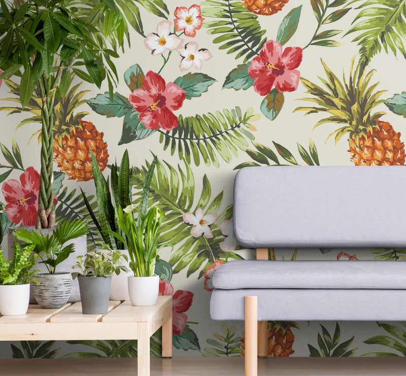 Pineapple Tropical Vibe Wall Mural. Hawaiian Theme Peel and Stick Wallpaper. Paradise Vibe Theme Decor.