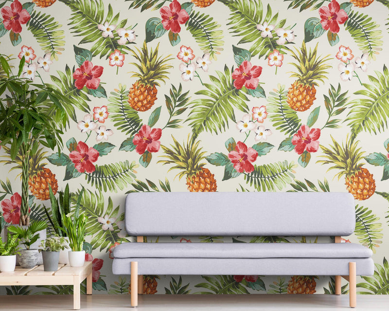 Pineapple Tropical Vibe Wall Mural. Hawaiian Theme Peel and Stick Wallpaper. Paradise Vibe Theme Decor.