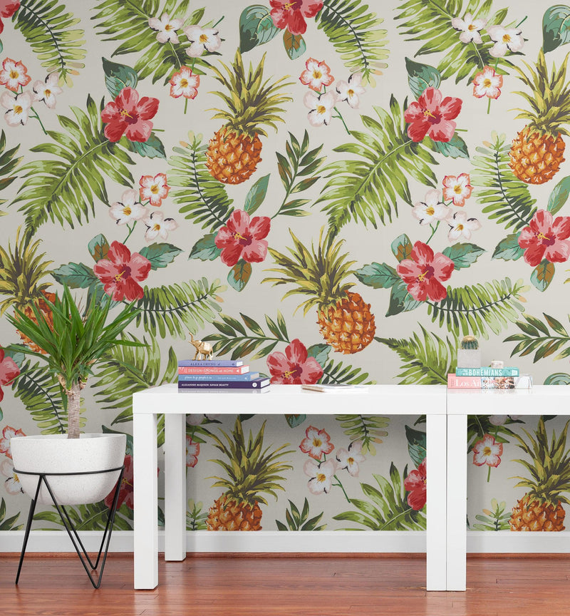 Pineapple Tropical Vibe Wall Mural. Hawaiian Theme Peel and Stick Wallpaper. Paradise Vibe Theme Decor.