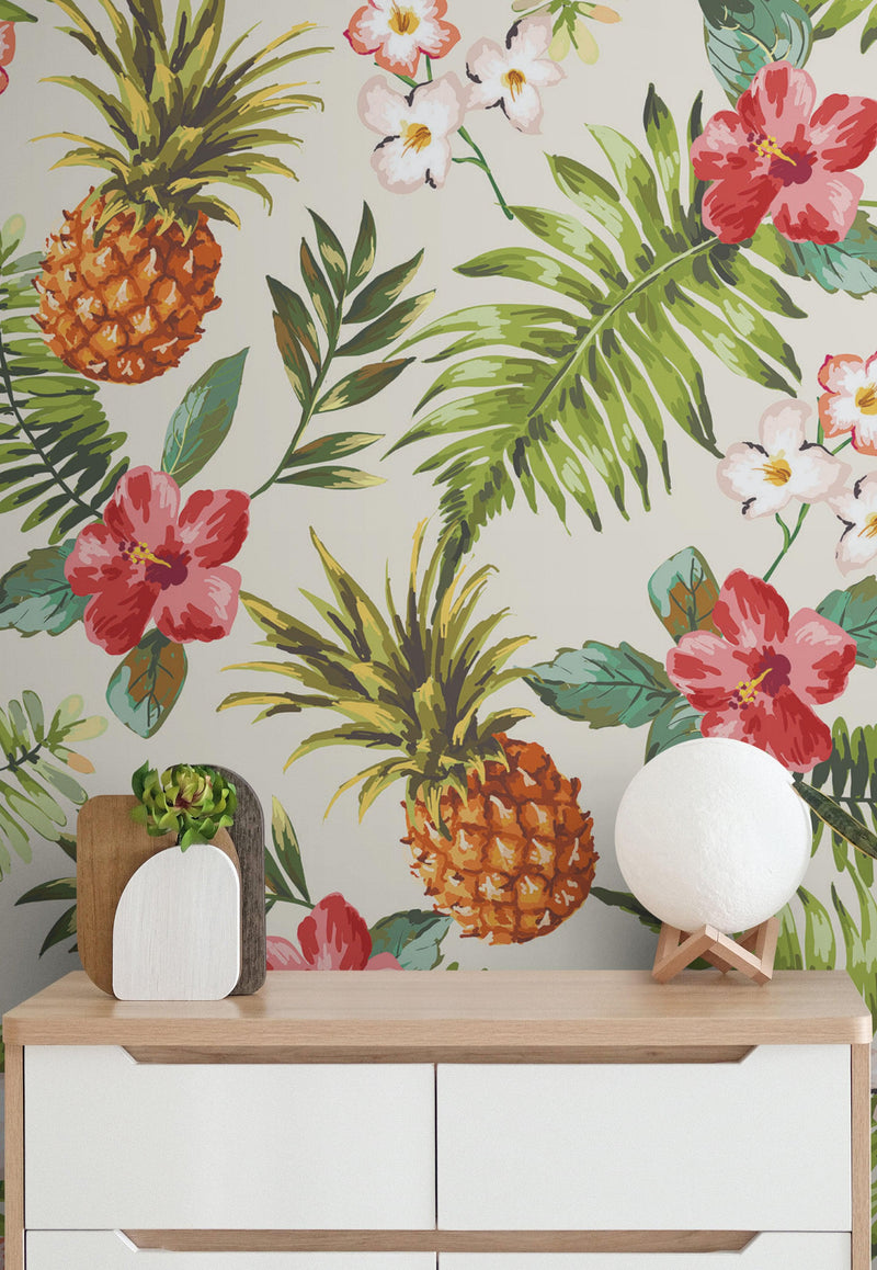 Pineapple Tropical Vibe Wall Mural. Hawaiian Theme Peel and Stick Wallpaper. Paradise Vibe Theme Decor.