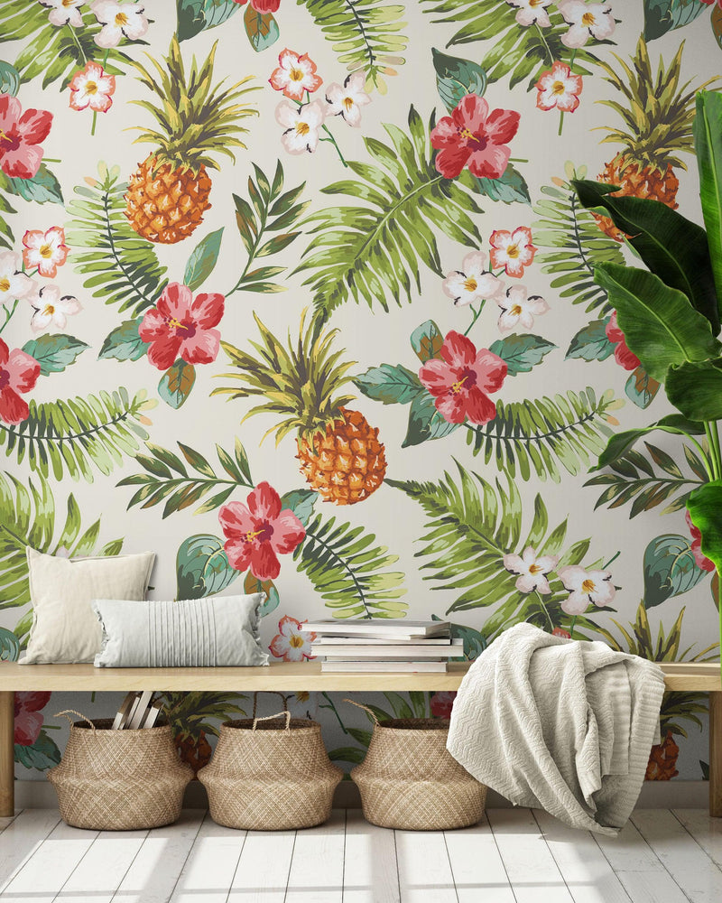 Pineapple Tropical Vibe Wall Mural. Hawaiian Theme Peel and Stick Wallpaper. Paradise Vibe Theme Decor.