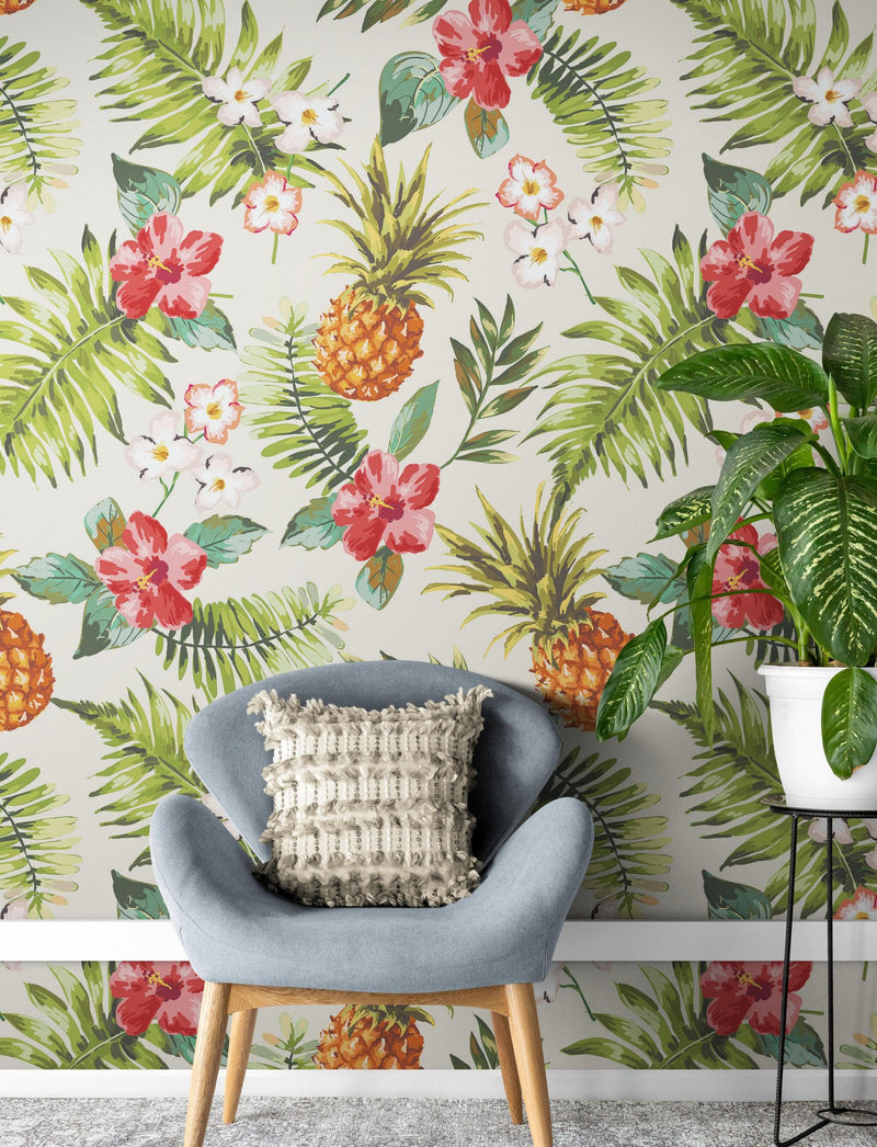 Pineapple Tropical Vibe Wall Mural. Hawaiian Theme Peel and Stick Wallpaper. Paradise Vibe Theme Decor.