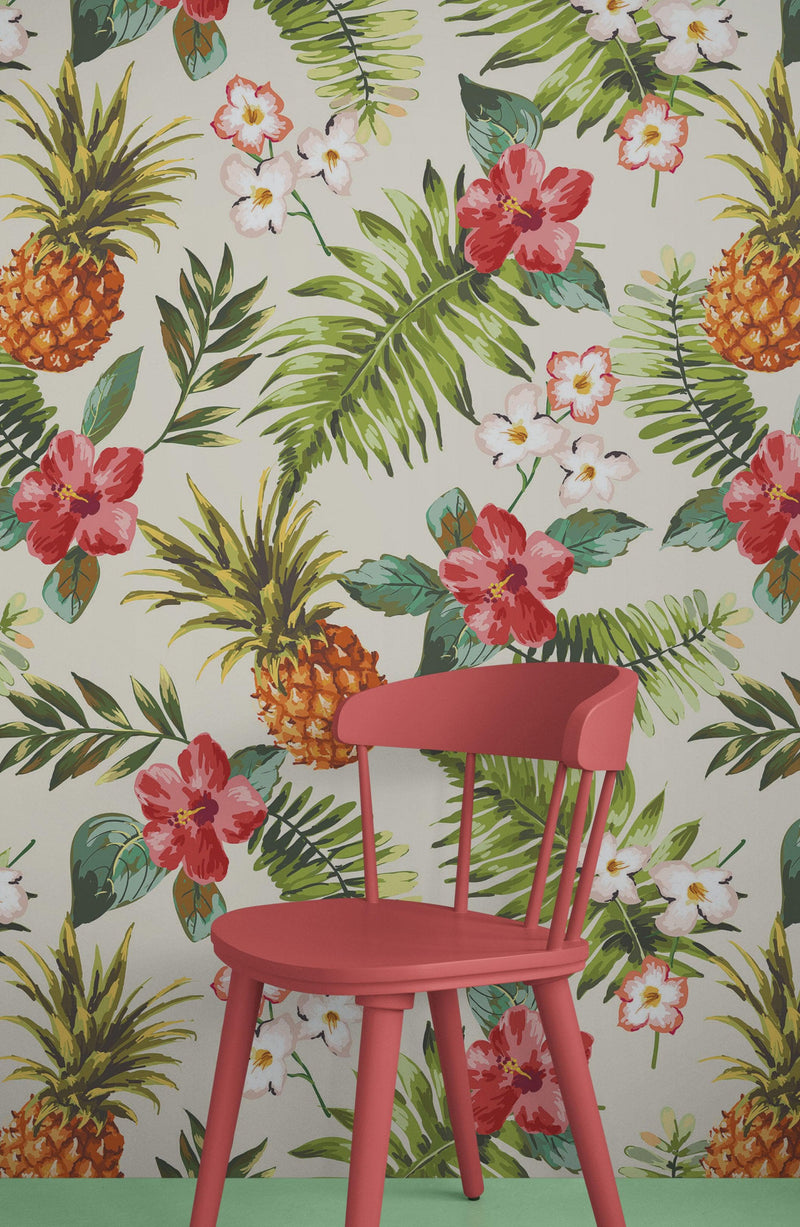 Pineapple Tropical Vibe Wall Mural. Hawaiian Theme Peel and Stick Wallpaper. Paradise Vibe Theme Decor.