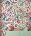 Flower Garden Illustration Wall Mural. Pastel Color Pattern Nursery, Bedroom, Kid’s Room Wall Decor. Peel and Stick Wallpaper.