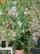 Botanical Vegetation Garden Wall Mural. Color Pencil Artwork of Flower Garden Peel and Stick Wallpaper. Rainforest Jungle Botanical Flowers and Leafs Background.