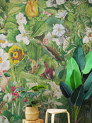 Botanical Vegetation Garden Wall Mural. Color Pencil Artwork of Flower Garden Peel and Stick Wallpaper. Rainforest Jungle Botanical Flowers and Leafs Background.