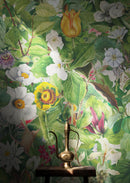 Botanical Vegetation Garden Wall Mural. Color Pencil Artwork of Flower Garden Peel and Stick Wallpaper. Rainforest Jungle Botanical Flowers and Leafs Background.