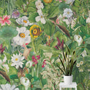 Botanical Vegetation Garden Wall Mural. Color Pencil Artwork of Flower Garden Peel and Stick Wallpaper. Rainforest Jungle Botanical Flowers and Leafs Background.