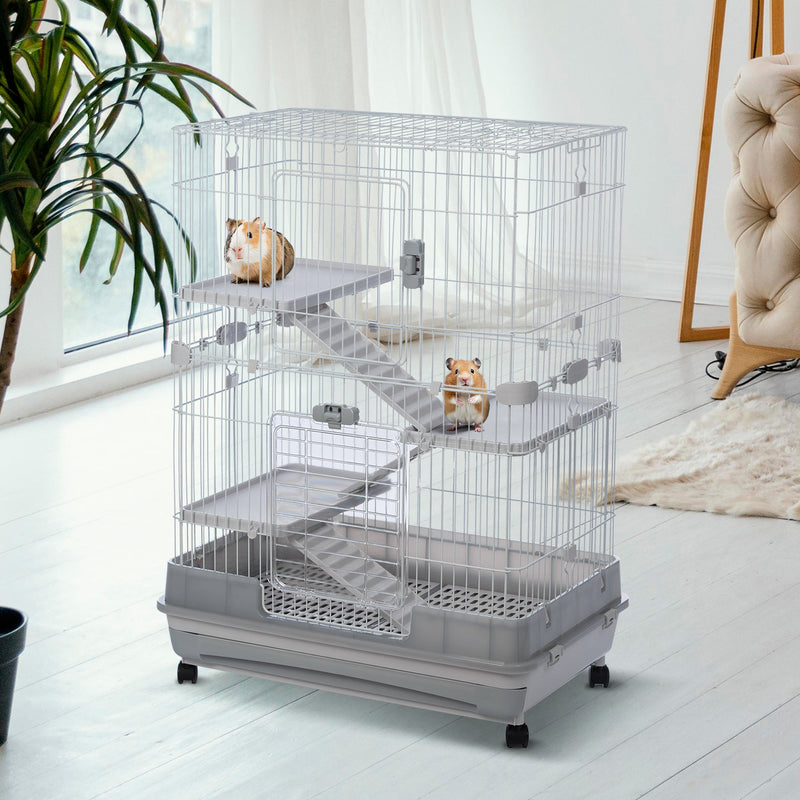4-Tier 32" Small Animal Metal Cage Height Adjustable with Lockable Casters Grilles Pull-out Tray for Rabbit Chinchilla Ferret Bunny Guinea Pig Squirrel Hedgehog (GREY)