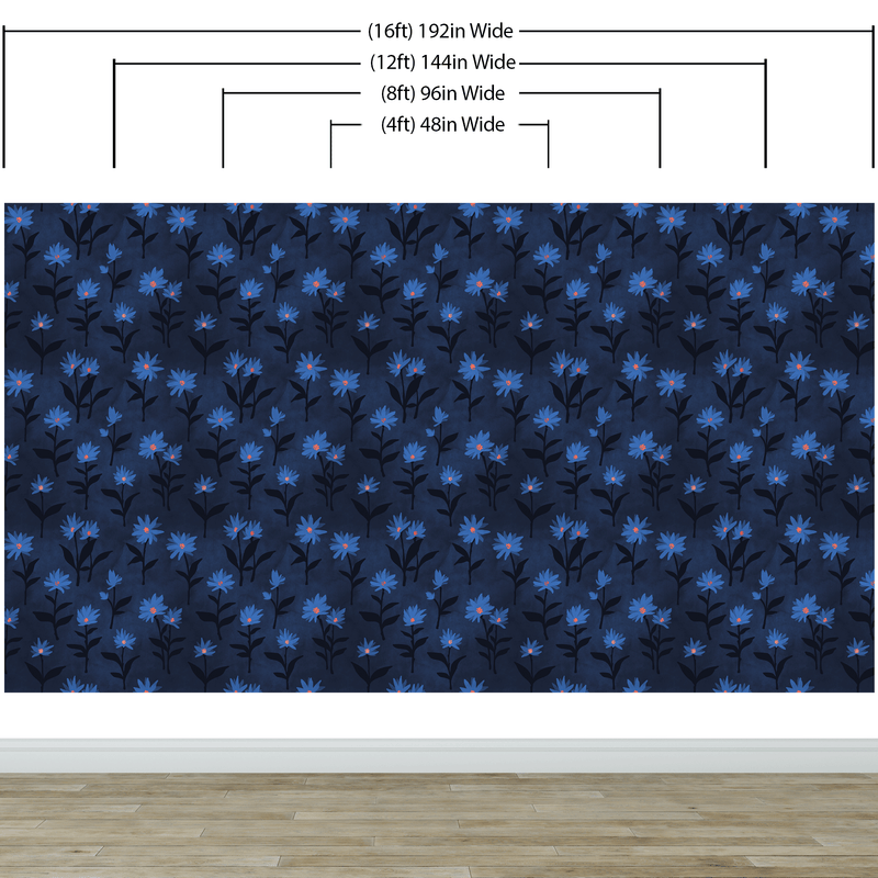 Blue Color Flower Wall Mural Pattern. Dark Navy Blue Background.