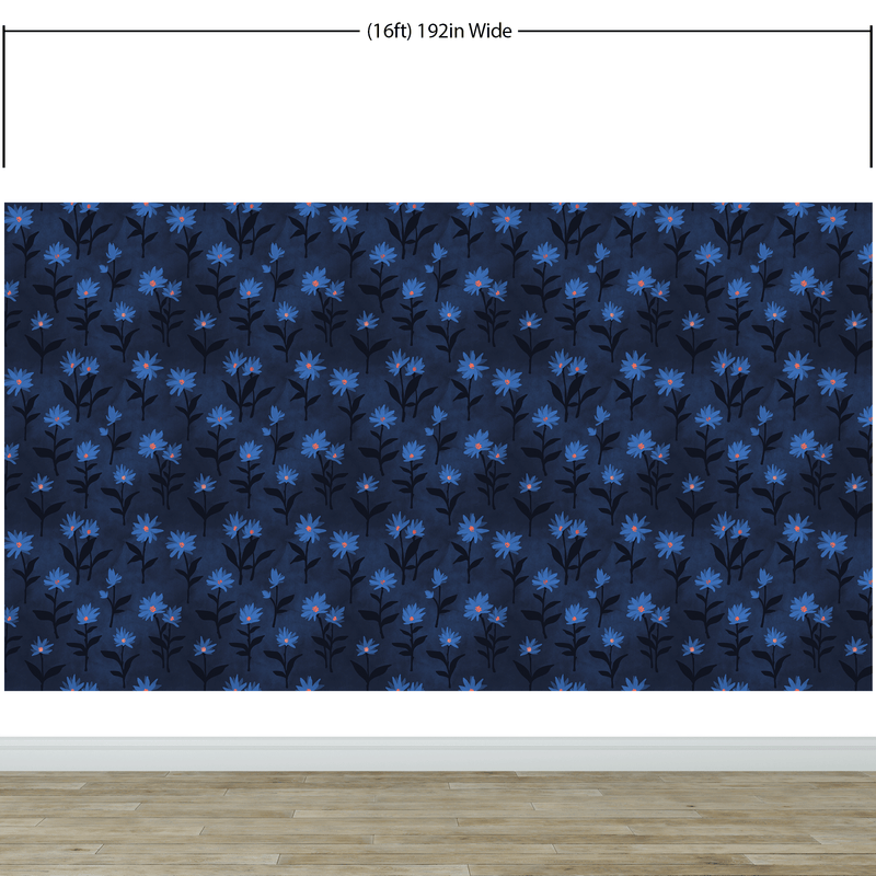 Blue Color Flower Wall Mural Pattern. Dark Navy Blue Background.