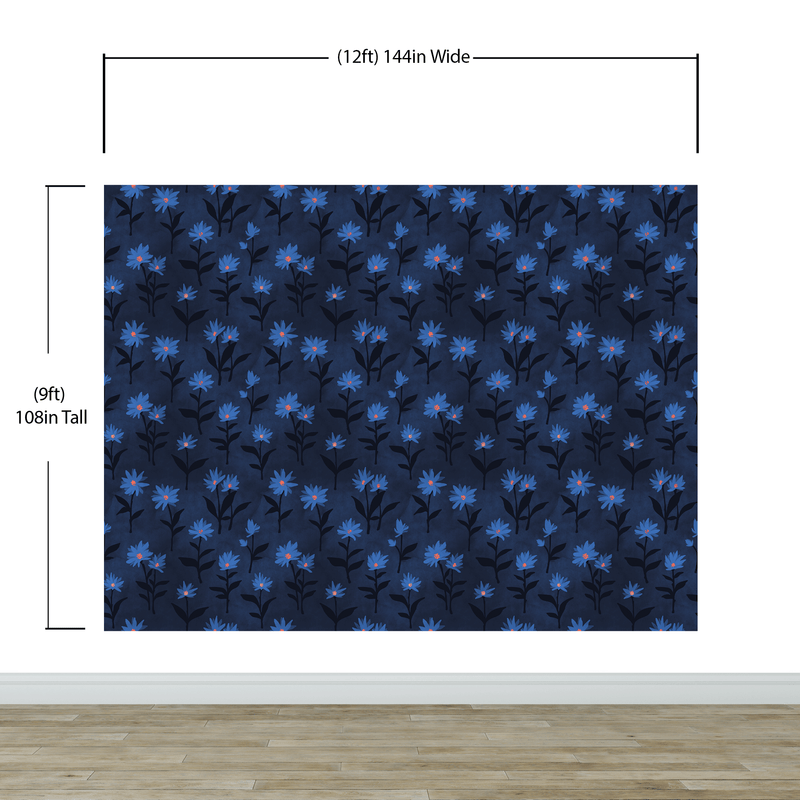 Blue Color Flower Wall Mural Pattern. Dark Navy Blue Background.