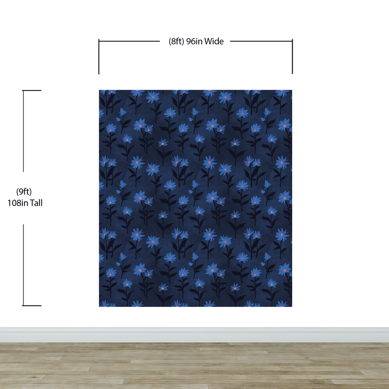 Blue Color Flower Wall Mural Pattern. Dark Navy Blue Background.