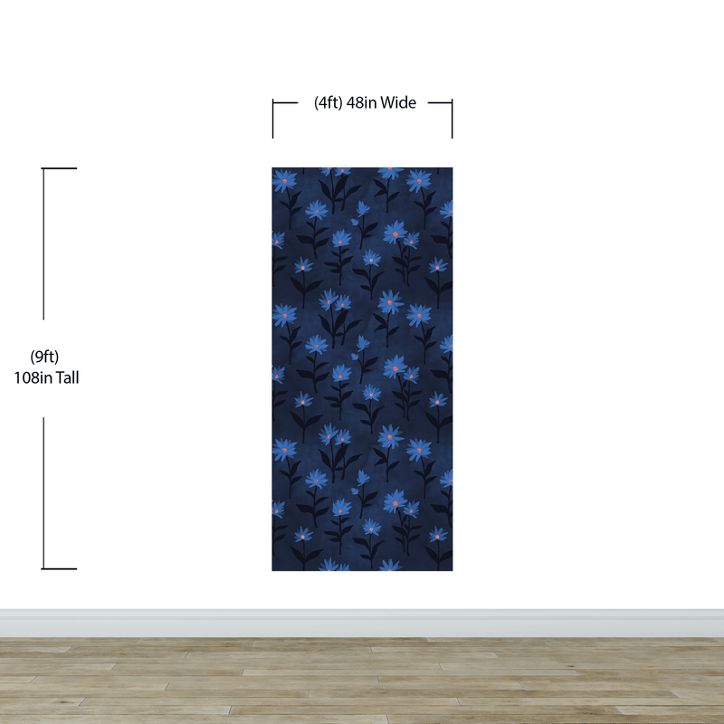 Blue Color Flower Wall Mural Pattern. Dark Navy Blue Background.