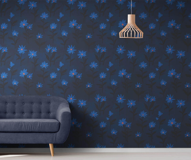 Blue Color Flower Wall Mural Pattern. Dark Navy Blue Background.