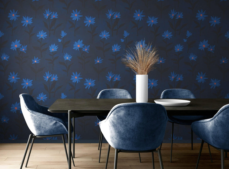 Blue Color Flower Wall Mural Pattern. Dark Navy Blue Background.