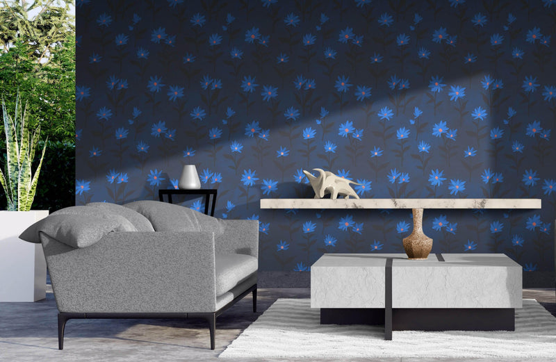 Blue Color Flower Wall Mural Pattern. Dark Navy Blue Background.