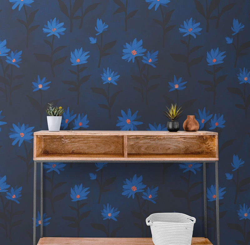 Blue Color Flower Wall Mural Pattern. Dark Navy Blue Background.