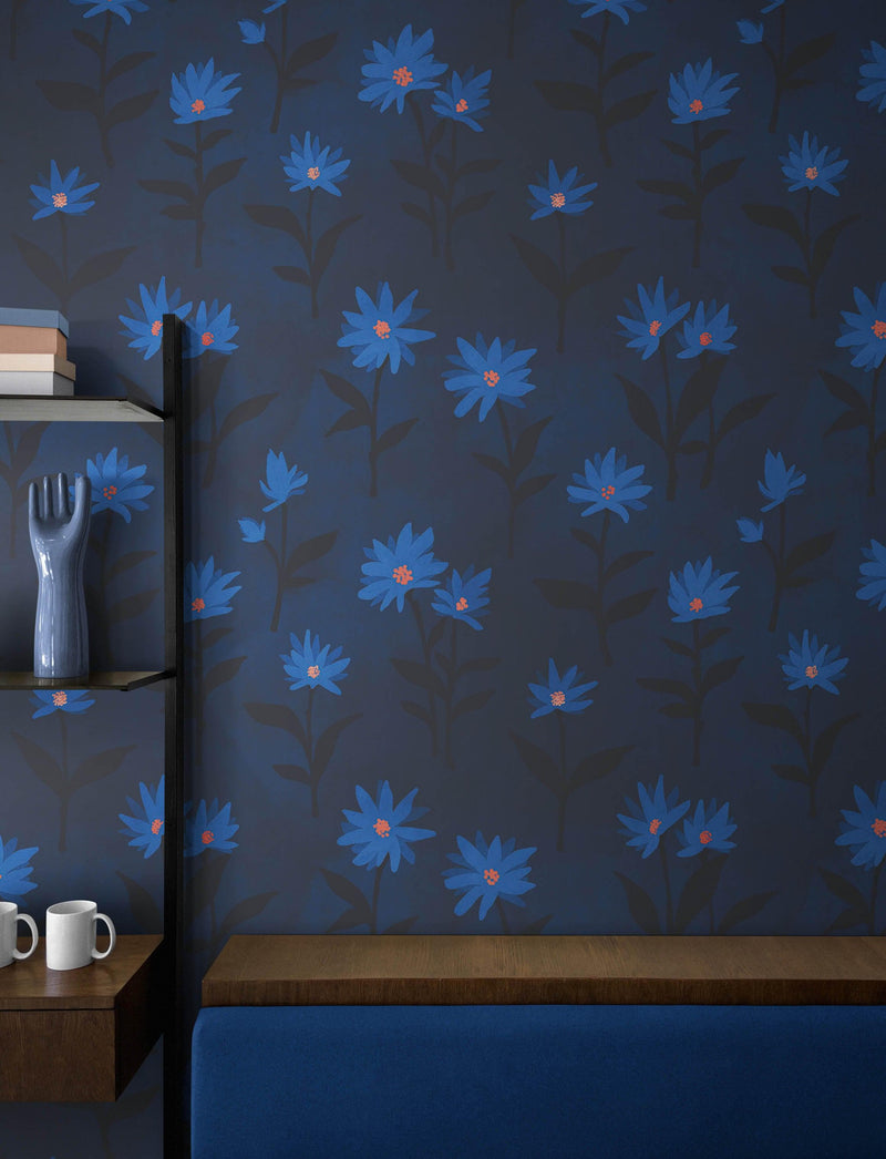 Blue Color Flower Wall Mural Pattern. Dark Navy Blue Background.