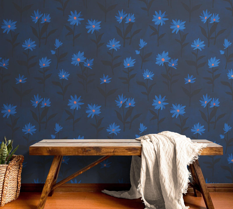 Blue Color Flower Wall Mural Pattern. Dark Navy Blue Background.